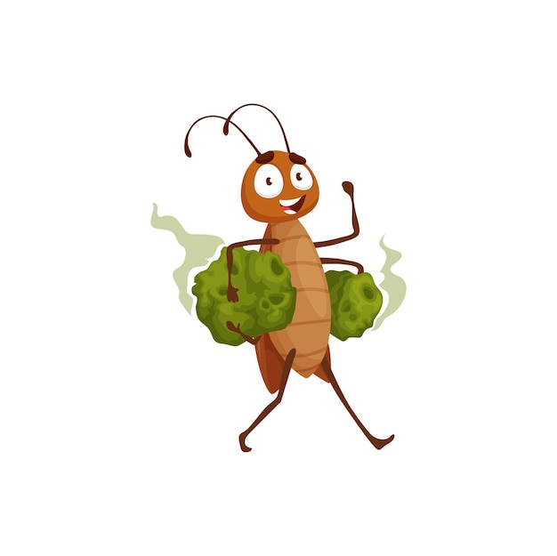 Personaje de cucaracha de dibujos animados llevar basura apestosa