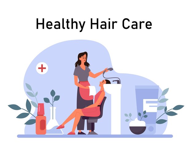 El personaje de cuidado del cabello aplica aceite para el cabello y máscara a su cabello en el procedimiento de tratamiento del cabello del salón con