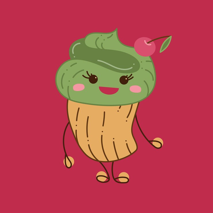Vector personaje de cupcake chica de cupcake de personaje lindo con pestañas y cereza ilustración de garabato de dibujos animados