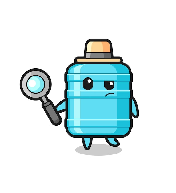 El personaje detective de la botella de agua de un galón está analizando un caso