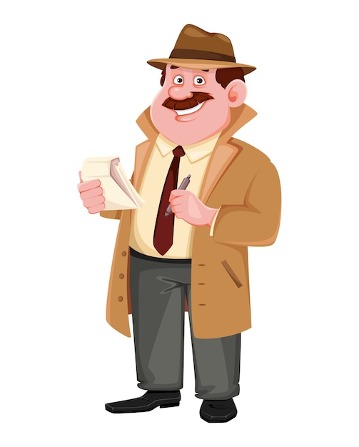 Personaje de detective tomando notas. investigador