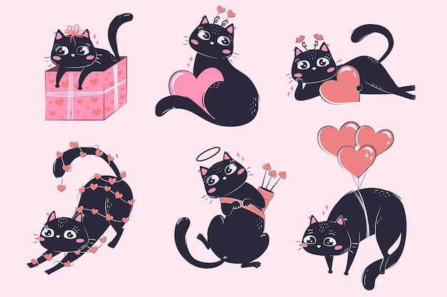 El personaje del día de san valentín clipart con el gato negro kawaii en diferentes poses