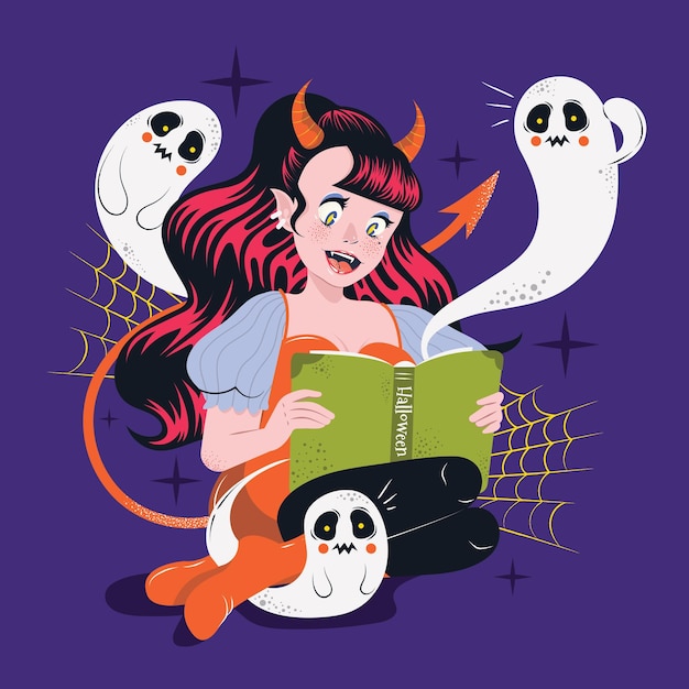 Personaje del diablo de halloween leyendo un libro