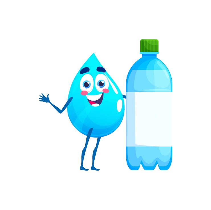 Vector personaje de dibujo animado de gota de agua feliz con botella gota de agua pura gota azul o gota de agua natural vector aislado mascota linda gota de líquido limpia personaje alegre y cómico con botella de plástico