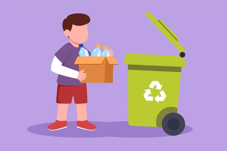 Vector personaje dibujo plano adorable niño recogiendo basura y desechos plásticos para reciclar niño recogiendo botellas de plástico en basura reciclaje de desechos para reutilizar diseño de dibujos animados ilustración vectorial
