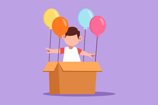 Personaje de dibujo plano adorable niño sentado en una caja de cartón con globos Pequeño piloto de globo de aire caliente Personaje de niños creativos jugando globo de aire caliente Ilustración de vector de diseño de dibujos animados