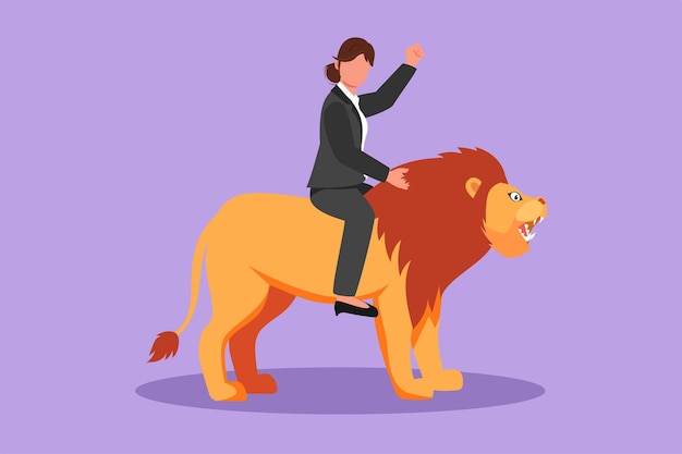 Personaje dibujo plano empresaria montando león símbolo de éxito Concepto de metáfora empresarial mirando el logro de objetivos liderazgo Emprendedor profesional Diseño de dibujos animados ilustración vectorial
