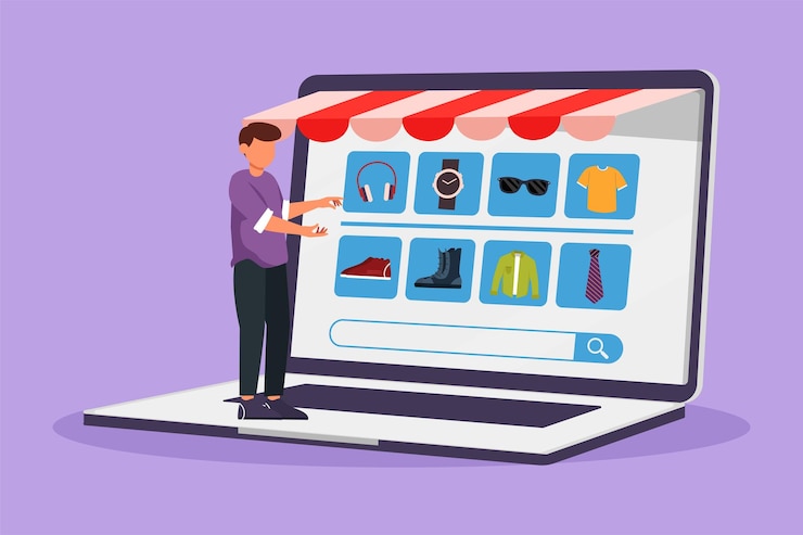 Vector personaje de dibujo plano hombre atractivo eligiendo artículos de compras en una pantalla gigante de computadora portátil estilo de vida digital con internet y concepto de gadget tecnología de tienda en línea ilustración de vector de diseño de dibujos animados