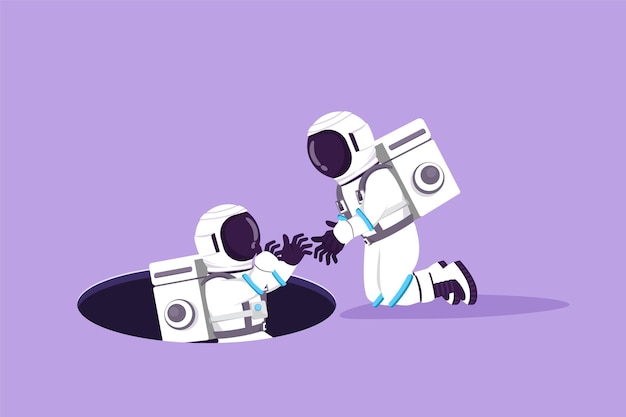 Personaje de dibujo plano joven astronauta ayudando a su amigo sacándolo del agujero en la superficie de la luna Exploración lucha trabajo en equipo concepto Cosmonauta espacio exterior Diseño de dibujos animados ilustración vectorial