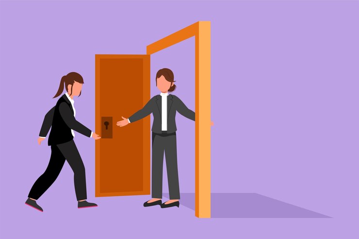 Vector personaje de dibujo plano linda mujer de negocios en la puerta da la bienvenida a su amiga en la gerente está invitando a su amiga a entrar en su casa hospitalidad o amistad diseño de dibujos animados ilustración vectorial