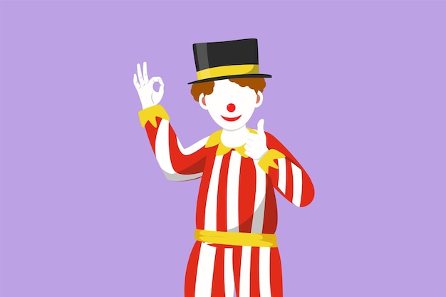 Personaje de dibujo plano mano de payaso masculino decir hola y la otra mano con gesto de acuerdo Usar sombrero y maquillaje de cara sonriente Entretener a los niños en la fiesta de cumpleaños o en el circo Ilustración de vector de diseño de dibujos animados