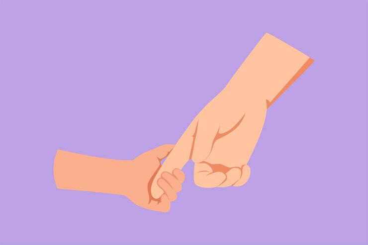 Vector personaje de dibujo plano padre dando la mano a su hijo bebés adorables manos sosteniendo el dedo de la madre joven cuidado de la madre con amor concepto parental papá feliz diseño de dibujos animados ilustración vectorial