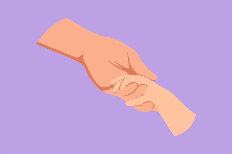 Vector personaje de dibujo plano padre dando la mano a su hijo bebés adorables manos sosteniendo el dedo de la madre joven cuidado de la madre con amor concepto parental papá feliz diseño de dibujos animados ilustración vectorial