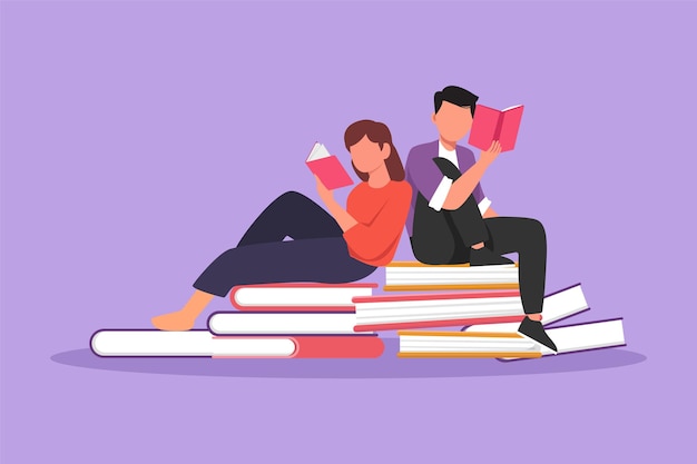 Personaje dibujo plano pareja estudiante mujer y hombre leyendo aprendiendo y sentado en grandes libros Estudiar en la biblioteca Aficionados a la literatura o amantes Educación y conocimiento Diseño de dibujos animados ilustración vectorial