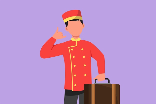 Personaje dibujo plano portero del hotel en uniforme con maleta con gesto de llamarme Listo para servir a los huéspedes de manera amistosa y cálida Portero con gran hospitalidad Diseño de dibujos animados ilustración vectorial