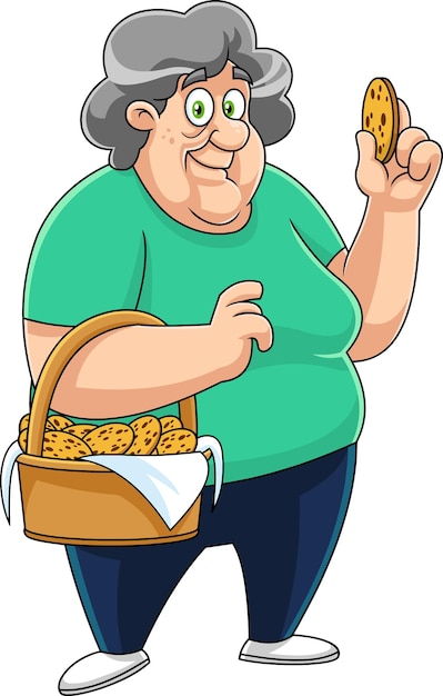 Personaje de dibujos animados de la abuela feliz con una cesta de galletas caseras vector ilustración dibujada a mano