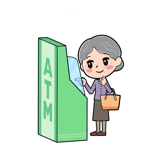 Personaje de dibujos animados abuela, toque ATM