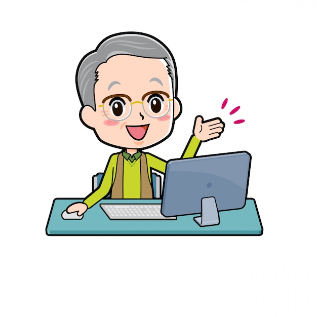 Personaje de dibujos animados abuelo, escritorio de pc