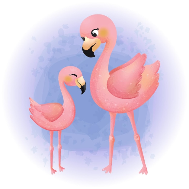 Personaje de dibujos animados de acuarela de familia de flamencos de madre e hija