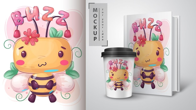 Vector personaje de dibujos animados adorable abeja feliz