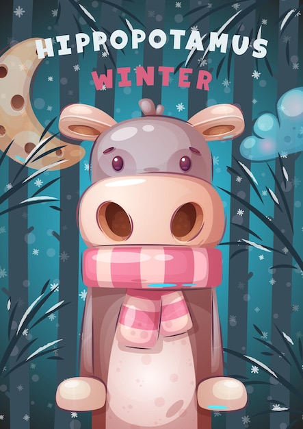 Personaje de dibujos animados adorable animal invierno hipopótamo