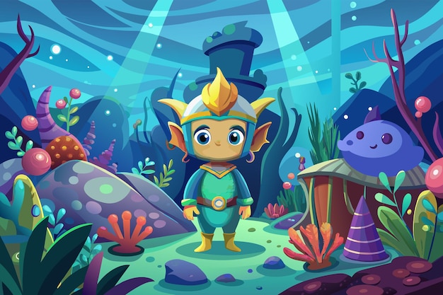 Un personaje de dibujos animados bajo el agua en un reino encantado