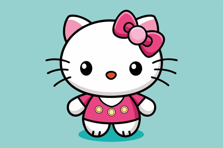 Vector un personaje de dibujos animados alegre con un vestido rosa brillante y un lazo a juego se encuentra contra un fondo azul suave que atrae a los niños y a los fanáticos del diseño lindo