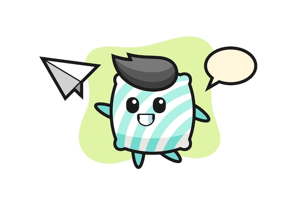 Personaje de dibujos animados de almohada lanzando avión de papel, diseño de estilo lindo para camiseta, pegatina, elemento de logotipo