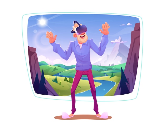 El personaje de dibujos animados del anciano en gafas de realidad virtual disfruta del paisaje de un río y montañas