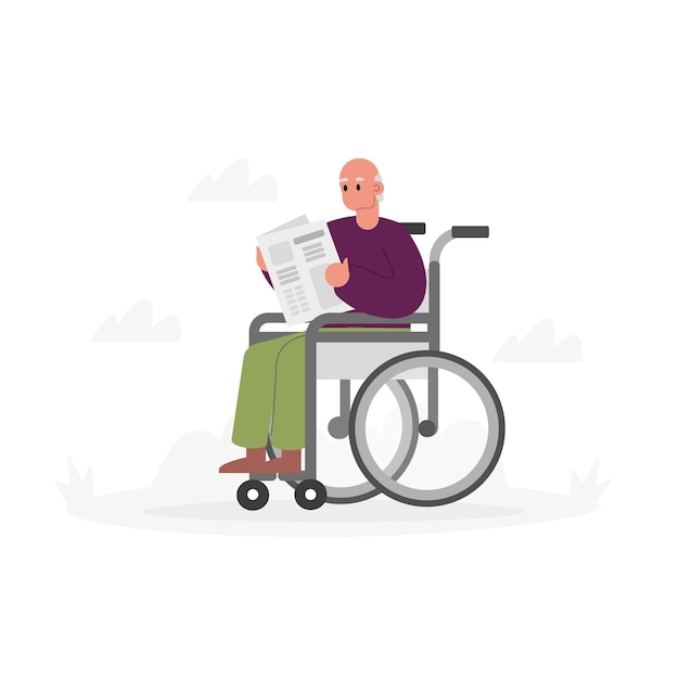 Vector personaje de dibujos animados de anciano en silla de ruedas leyendo periódico
