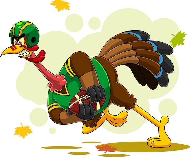 Vector personaje de dibujos animados angry football turkey bird corriendo en el super bowl de acción de gracias