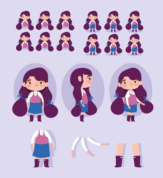 Vector personaje de dibujos animados animación niña algunas partes del cuerpo