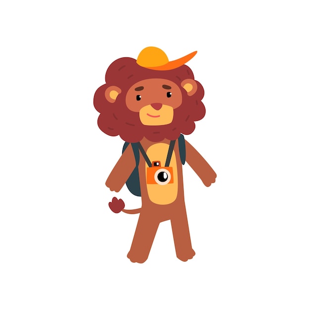 Personaje de dibujos animados de animales León viajando de vacaciones ilustración vectorial sobre un fondo blanco