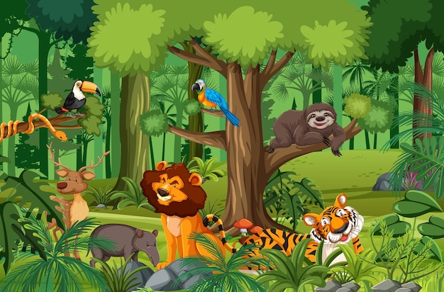 Personaje de dibujos animados de animales salvajes en la escena del bosque