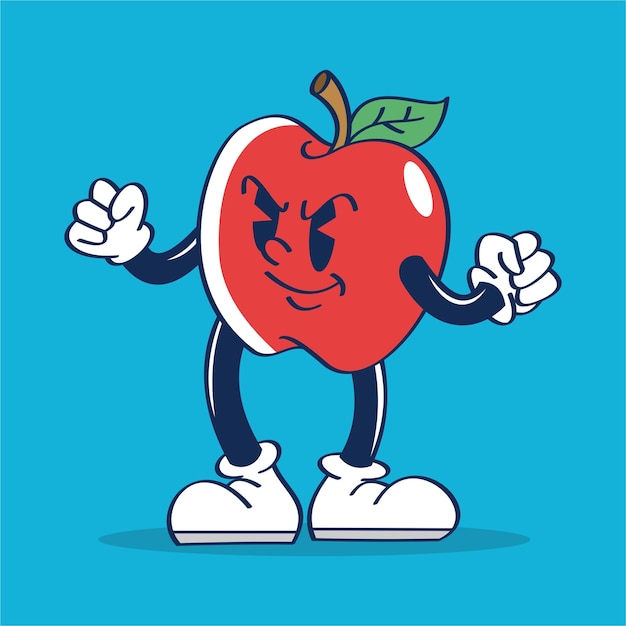 Un personaje de dibujos animados Apple con expresión enojada Ilustración Dibujo a mano Vector