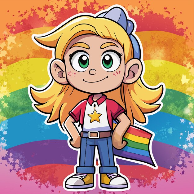 Vector un personaje de dibujos animados con un arco iris en el fondo