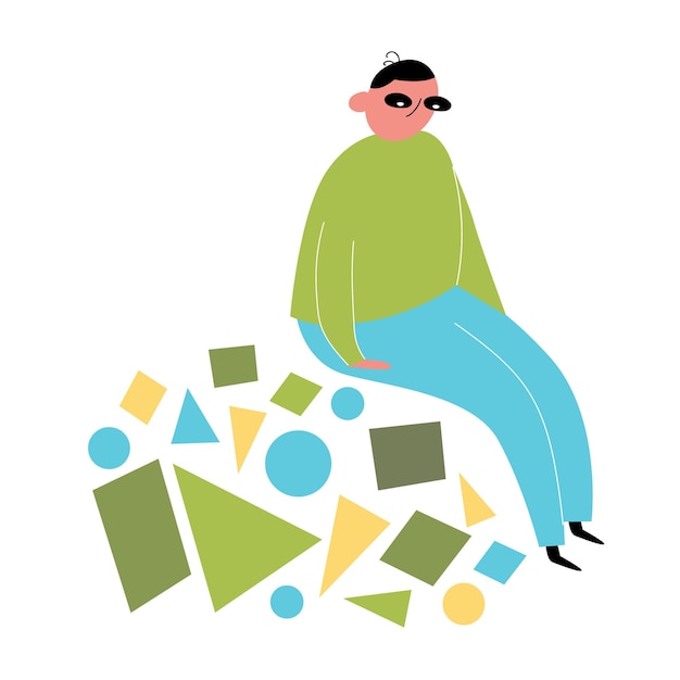 El personaje de dibujos animados se asienta sobre formas geométricas Muchos problemas psicológicos Procrastinación Vector de color ilustración dibujada a mano Estilo plano Todos los elementos están aislados en un fondo blanco