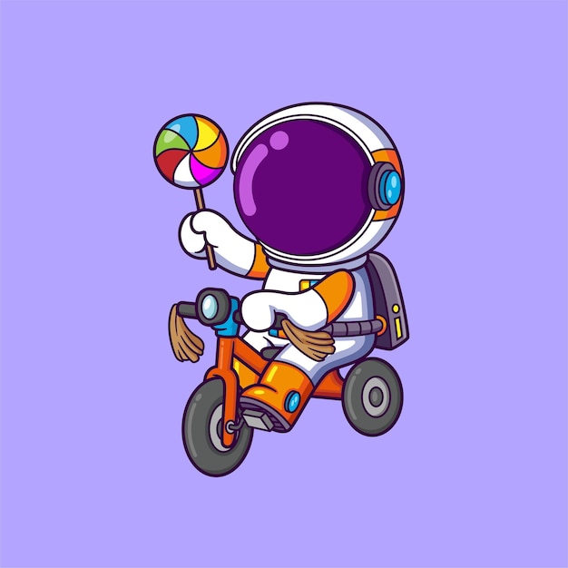 personaje de dibujos animados astronauta montando en bicicleta y sosteniendo dulces