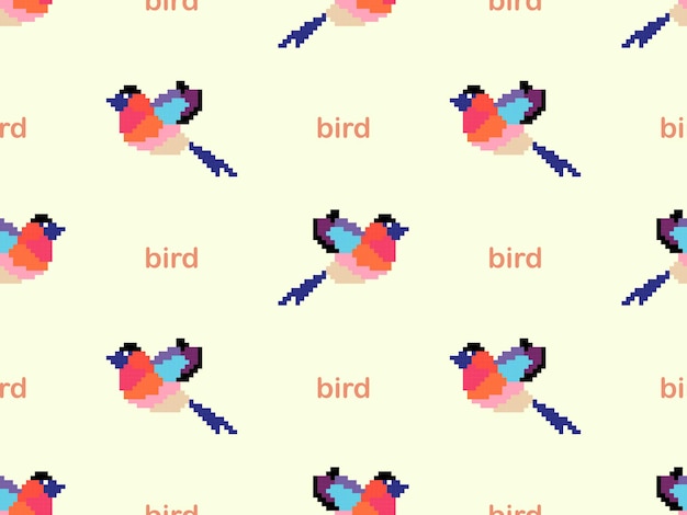 Personaje de dibujos animados de aves de patrones sin fisuras sobre fondo amarillo estilo de píxel