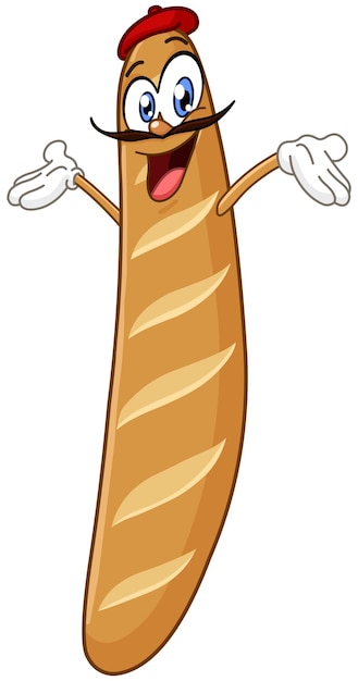 El personaje de dibujos animados de Baguette levantando los brazos