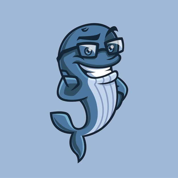 Personaje de dibujos animados de ballena nerd amistoso