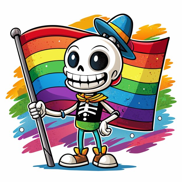 Un personaje de dibujos animados con una bandera arco iris y un palo en el medio