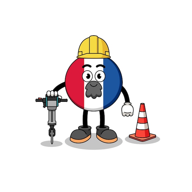Personaje de dibujos animados de la bandera de francia trabajando en el diseño de personajes de construcción de carreteras