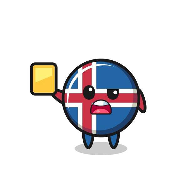 Personaje de dibujos animados de la bandera de islandia como árbitro de fútbol dando un lindo diseño de tarjeta amarilla