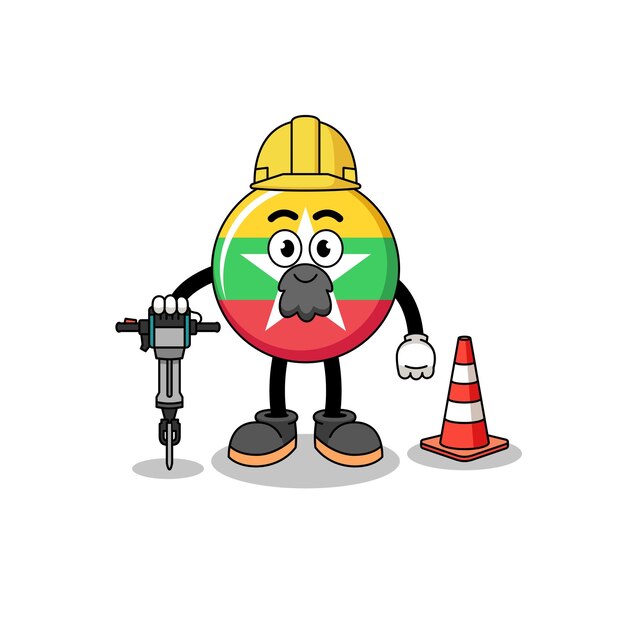 Personaje de dibujos animados de la bandera de myanmar trabajando en la construcción de carreteras