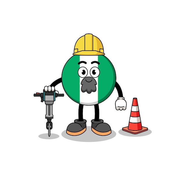 Personaje de dibujos animados de la bandera de nigeria trabajando en el diseño de personajes de construcción de carreteras