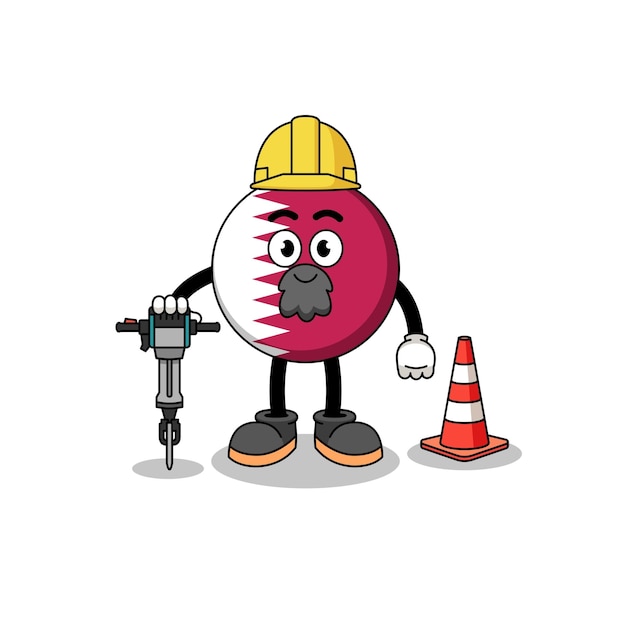 Personaje de dibujos animados de la bandera de qatar trabajando en la construcción de carreteras