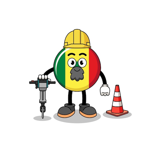 Personaje de dibujos animados de la bandera de senegal trabajando en la construcción de carreteras