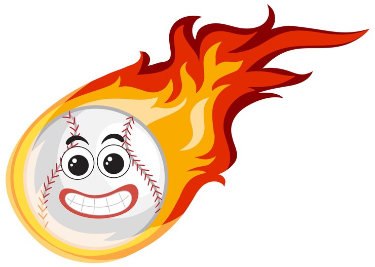 Vector personaje de dibujos animados de béisbol con fuego