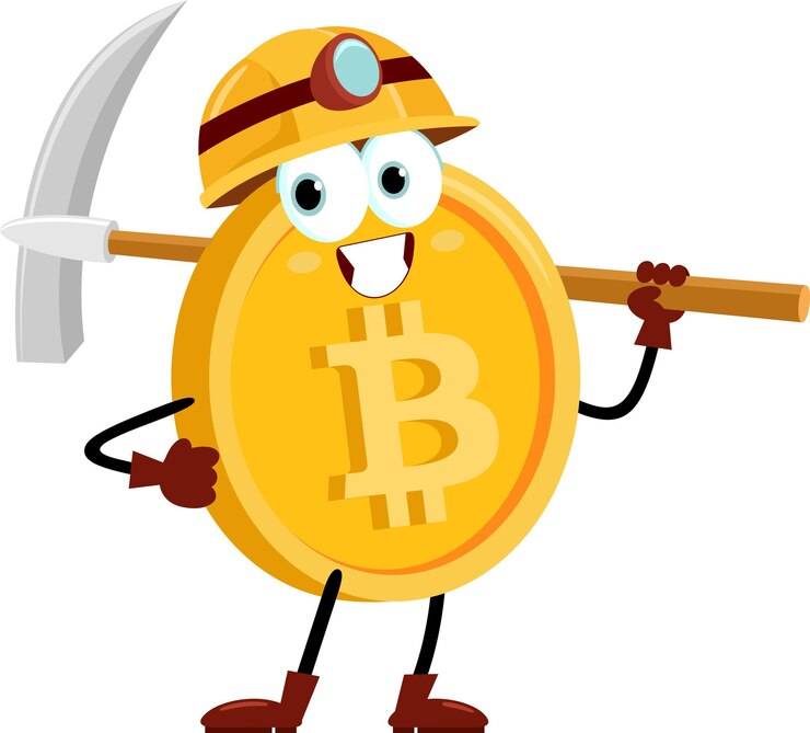 Vector el personaje de dibujos animados de bitcoin miner sostiene el pico ilustración vectorial